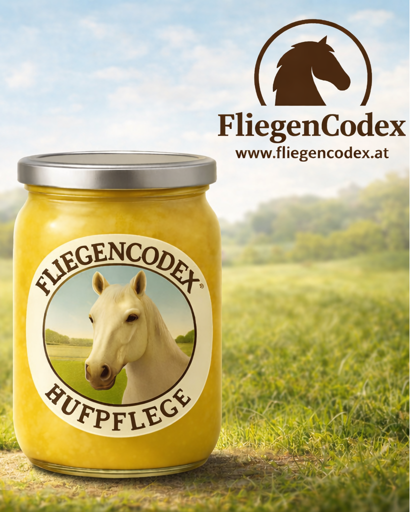 Produkt auf Wiese mit weißem Pferd im Hintergrund